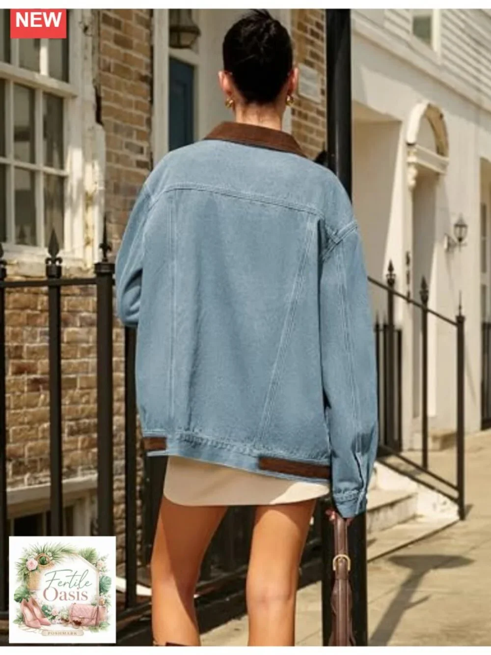 Oversized Denim Shacket with Contrast Collar and Pockets